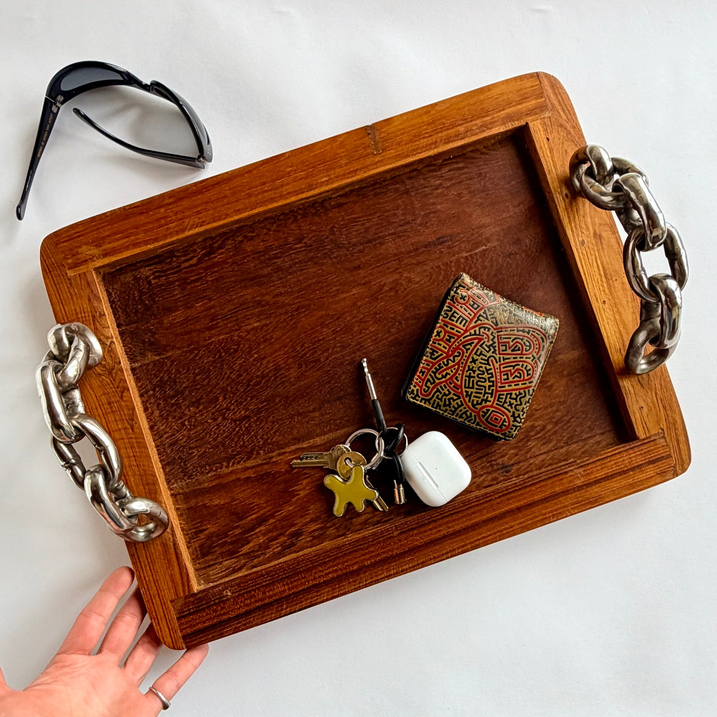 Sculptural Teak and Chain Tray