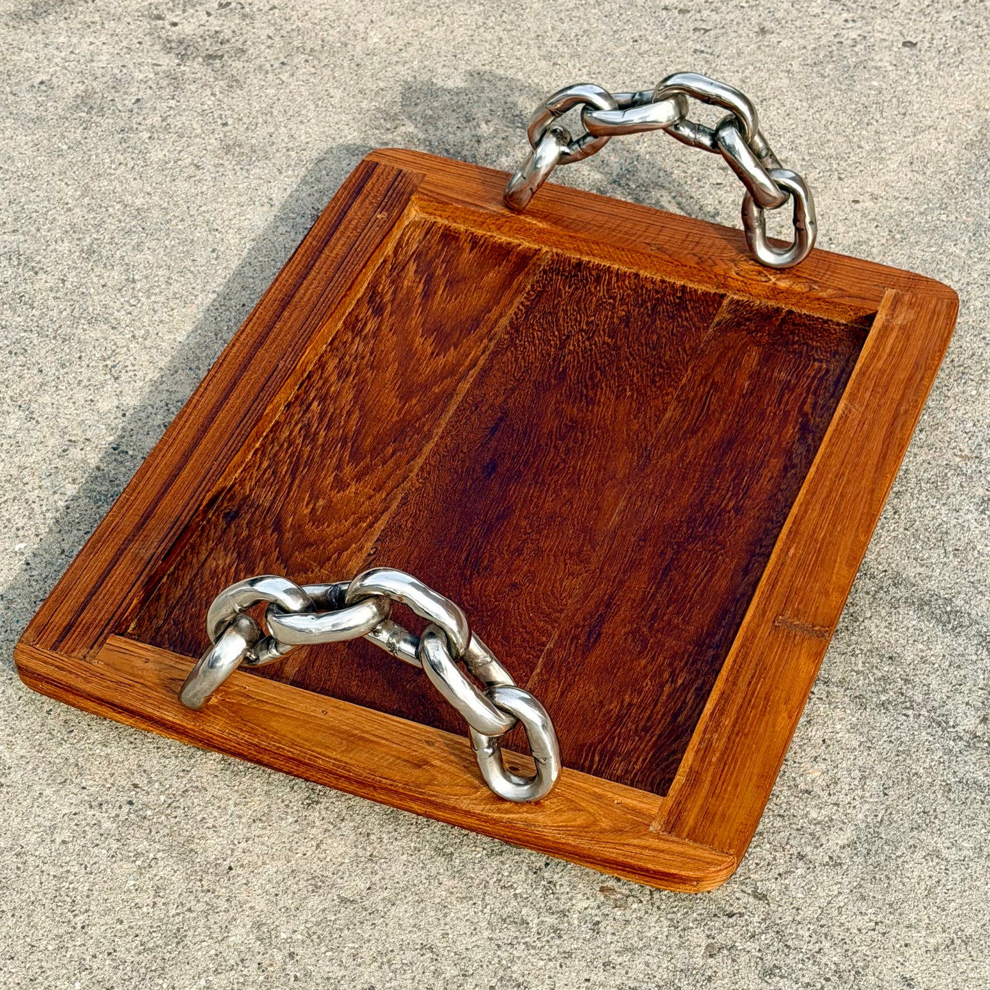 Sculptural Teak and Chain Tray