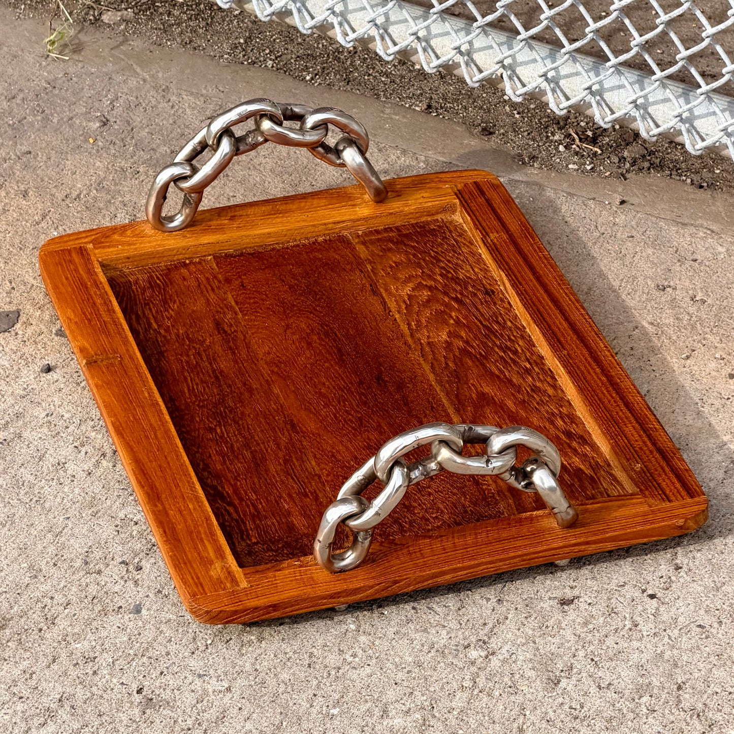 Sculptural Teak and Chain Tray