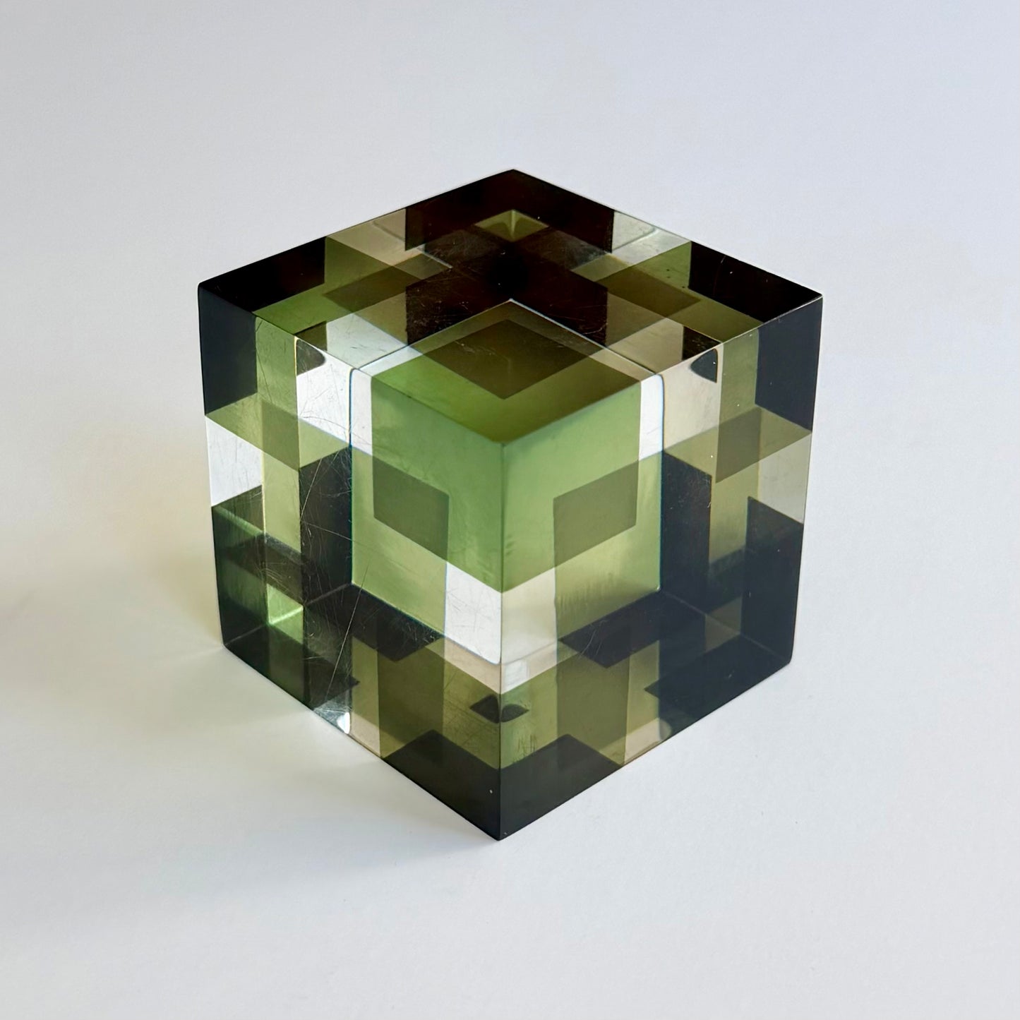 Vintage Lucite Op Art Cube Paperweight 1970s