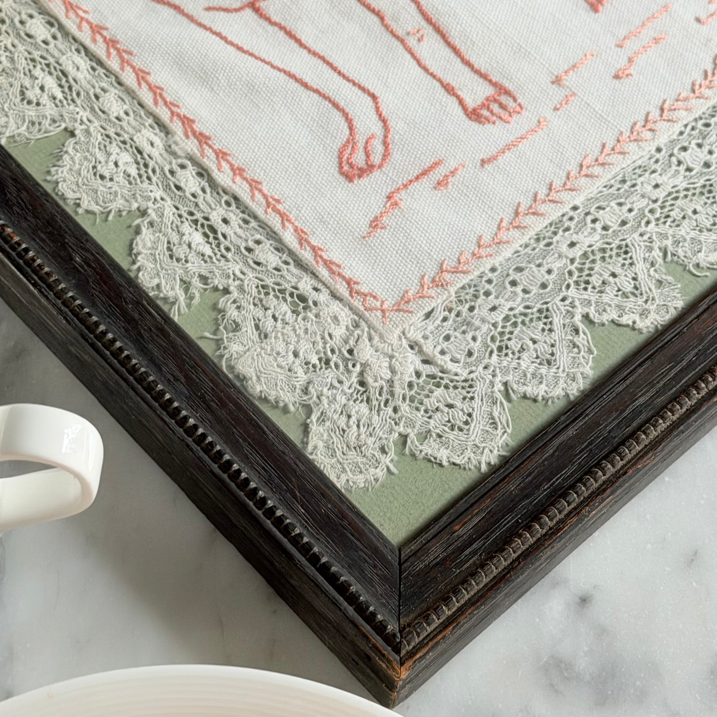 Vintage Framed Embroidered Pug Textile 1950/60s