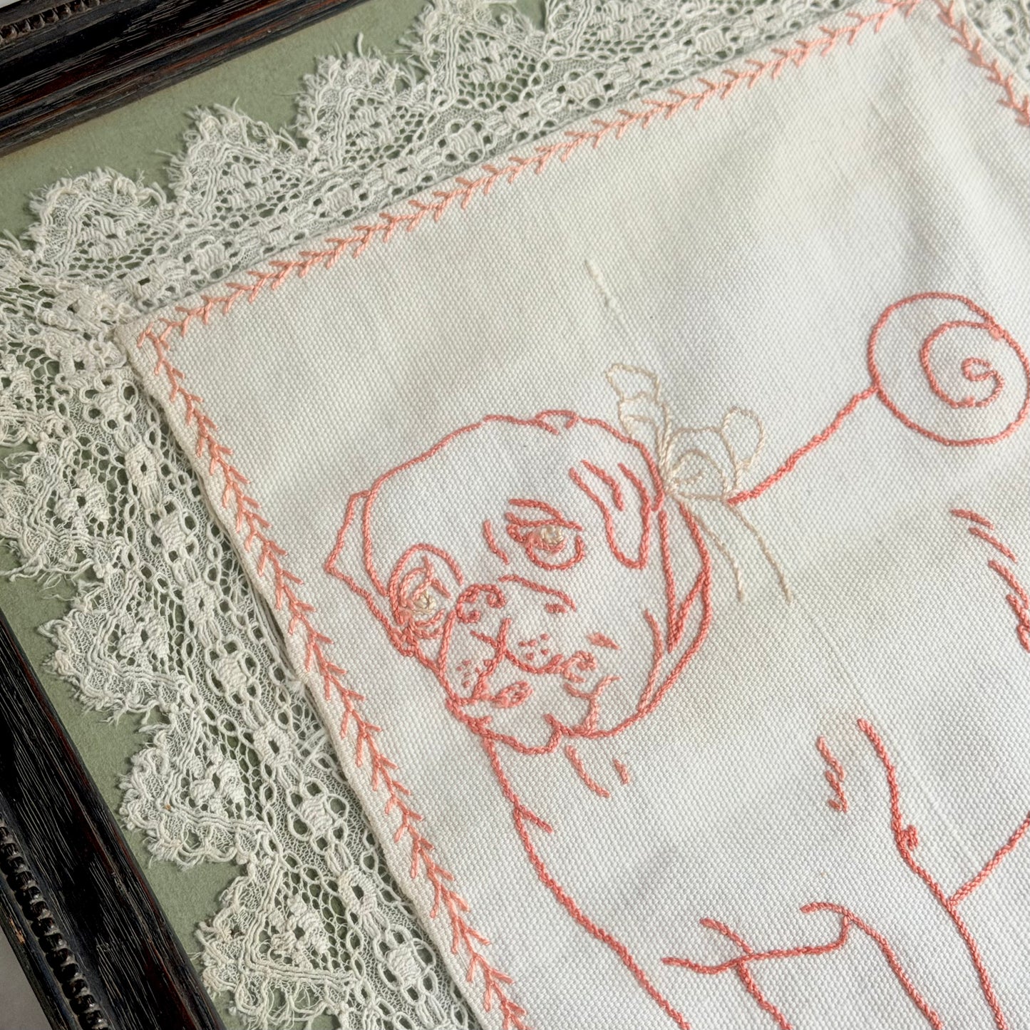 Vintage Framed Embroidered Pug Textile 1950/60s