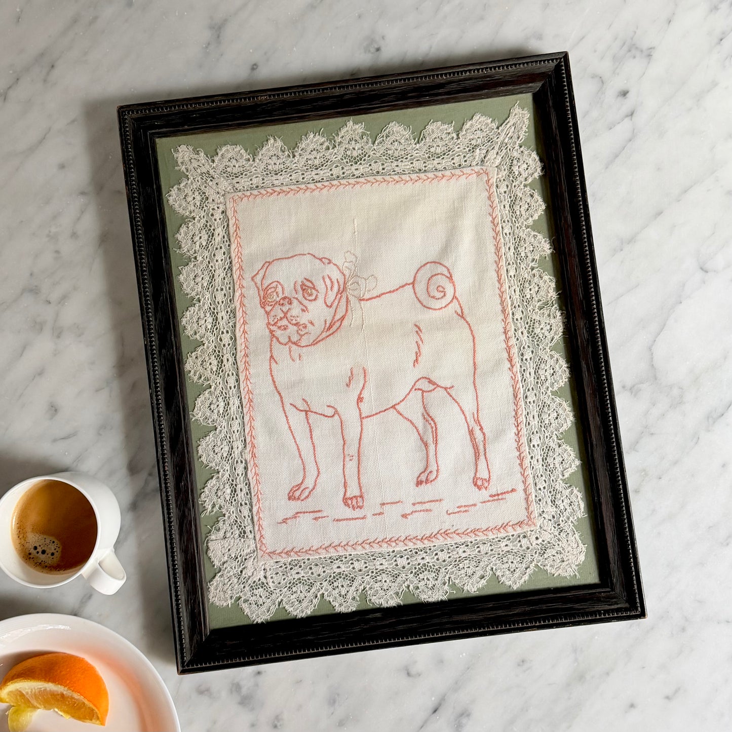 Vintage Framed Embroidered Pug Textile 1950/60s