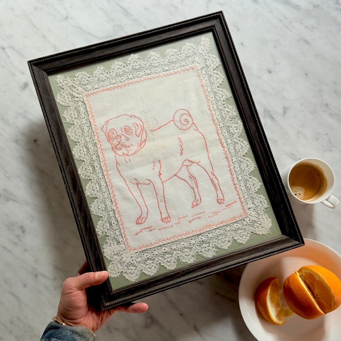 Vintage Framed Embroidered Pug Textile 1950/60s