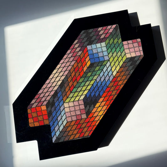 Vintage Vasarely Style Sculptural Embroidered Op Art 1970s