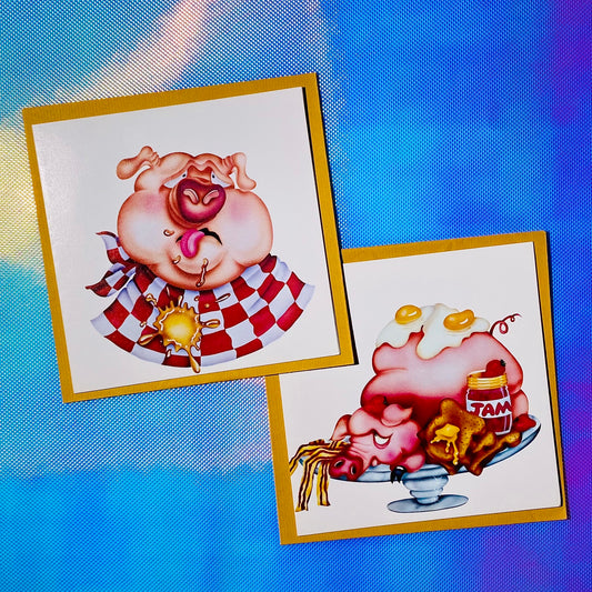 Deadstock Sharon Harker 'Ham & Egg / Stuffy Wuffy' Blank Cards s/2