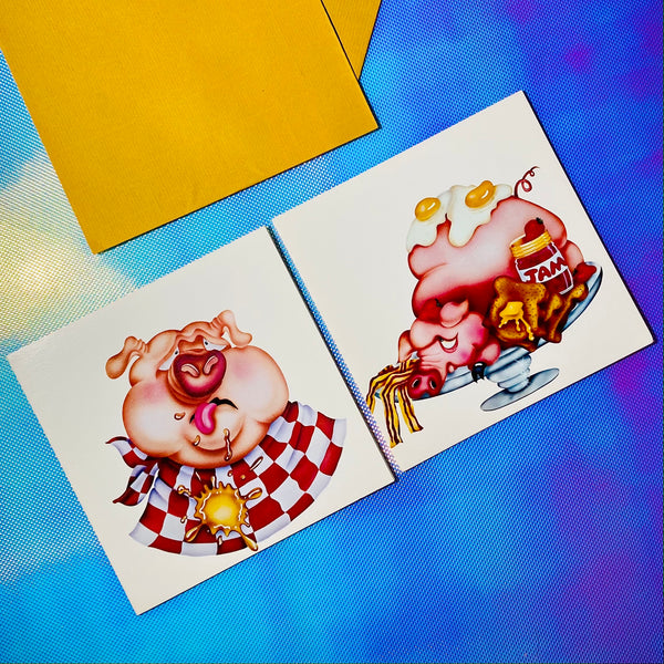 Deadstock Sharon Harker 'Ham & Egg / Stuffy Wuffy' Blank Cards s/2